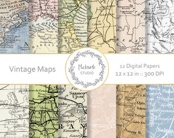 May include: Twelve vintage map digital papers in a collage. The maps are in various colors, including blue, green, yellow, and brown. The maps are all 12 inches by 12 inches and 300 DPI.