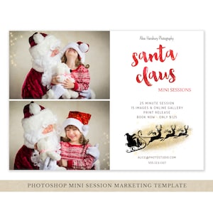 May include: A marketing flyer for Santa Claus mini photo sessions. The flyer features two photos of children with Santa Claus, a red and white Santa Claus hat, and a gold glitter background with a silhouette of Santa Claus in a sleigh pulled by reindeer. The text on the flyer reads "Alice Hansbury Photography", "Santa Claus", "Mini Sessions", "25 Minute Session", "15 Images & Online Gallery", "Print Release", "Book Now - Only £125", "ALICE@PHOTOSTUDIO.COM", and "555.123.1337".