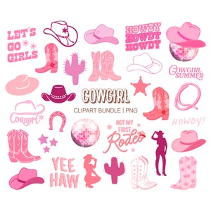 30 Cowgirl Png Bundle - Cowgirl Disco Party Clip Art - Retro Hot Pink Girly Clipart - Cowgirl Cowboy - Rodeo Clipart - Download istantaneo