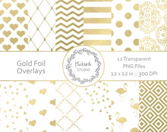 Gold Foil Digital Overlays - Transparent Gold Foil Clipart, Metallic Scrapbook paper, Gold Foil Digital Pattern overlays PNG, Digital papers