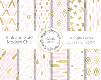 May include: Twelve digital papers in a pink and gold modern chic style. The papers feature various patterns including hearts, stars, dots, and geometric shapes.