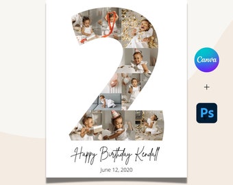 Second Birthday Photo Collage Template, 2nd Birthday Printable for Kids, Canva & Photoshop Instant Download, Print At Home Poster Decoration