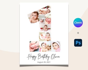May include: A printable template for a first birthday photo collage. The template features a number one made of photos of a baby girl. The text "Happy Birthday Olivia" and the date "August 28, 2021" are included in the design.