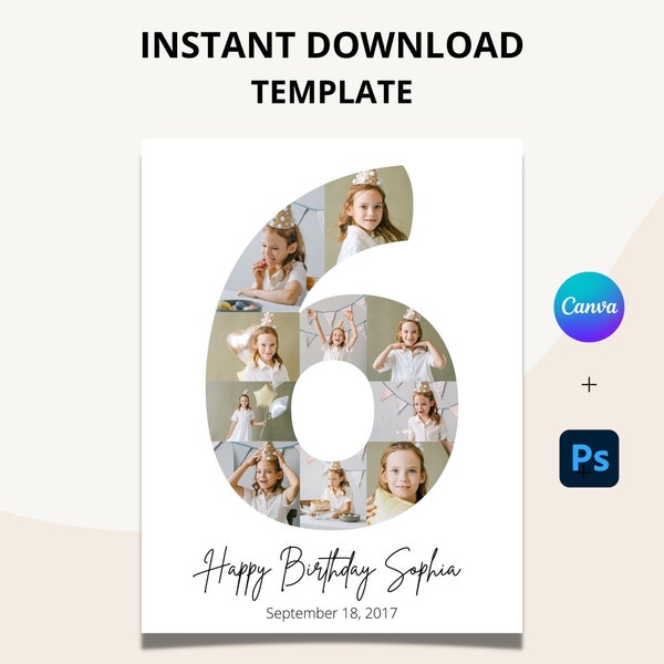 Sixth Birthday Photo Collage Template, 6th Birthday Printable for Kids, Canva & Photoshop Instant Download, Print At Home Poster Decoration