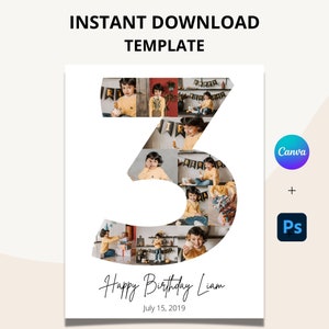 Third Birthday Photo Collage Template, 3rd Birthday Printable for Kids, Canva & Photoshop Instant Download, Print At Home Poster Decoration
