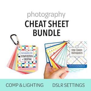 Paquete de hojas de referencia: maqueta de fotografía con cámara DSLR y maqueta de composición e iluminación: colores brillantes