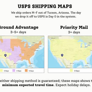 Może przedstawiać: Wykres zatytułowany USPS SHIPPING MAPS przedstawiający dwie mapy Stan&oacute;w Zjednoczonych. Lewa mapa pokazuje czas tranzytu Ground Advantage w strefach fioletowych i pomarańczowych. Prawa mapa pokazuje czas tranzytu Priority Mail w kolorze ż&oacute;łtym.