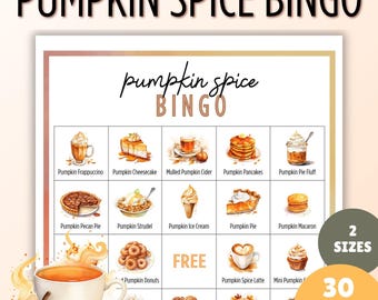 Pumpkin Spice Bingo - 30 Cards, 2 Party Game Sizes - Fall Autumn PSL Activity - Instant Digital Download Party Printable