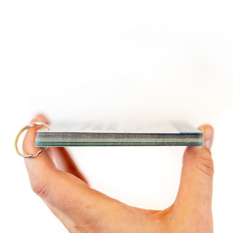 May include: A stack of cards with a silver ring binder. The cards are a variety of colors, including green, blue, and white.