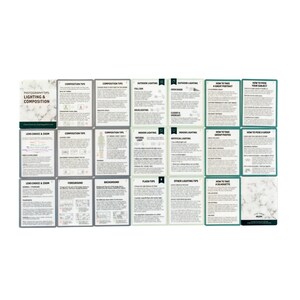 May include: A set of 16 photography tips cards with green and gray borders. The cards cover topics such as composition, lighting, lens choice, and posing. Each card has a title and a brief description with illustrations.