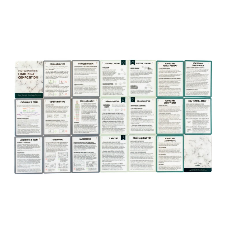 May include: A set of 16 photography tips cards with green and gray borders. The cards cover topics such as composition, lighting, lens choice, and posing. Each card has a title and a brief description with illustrations.