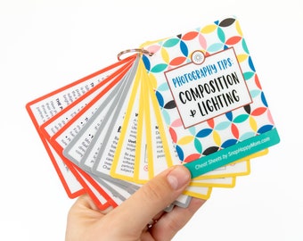 Photography Tips: Lighting & Composition Cheat Sheets - Plastic Reference Cards for DSLR, Smartphone, or Compact Camera - Bright Colors
