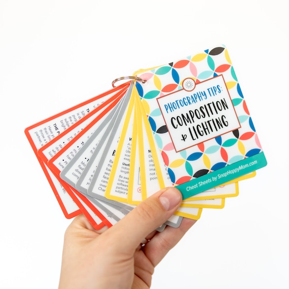 Photography Tips: Lighting & Composition Cheat Sheets - Plastic Reference Cards for DSLR, Smartphone, or Compact Camera - Bright Colors