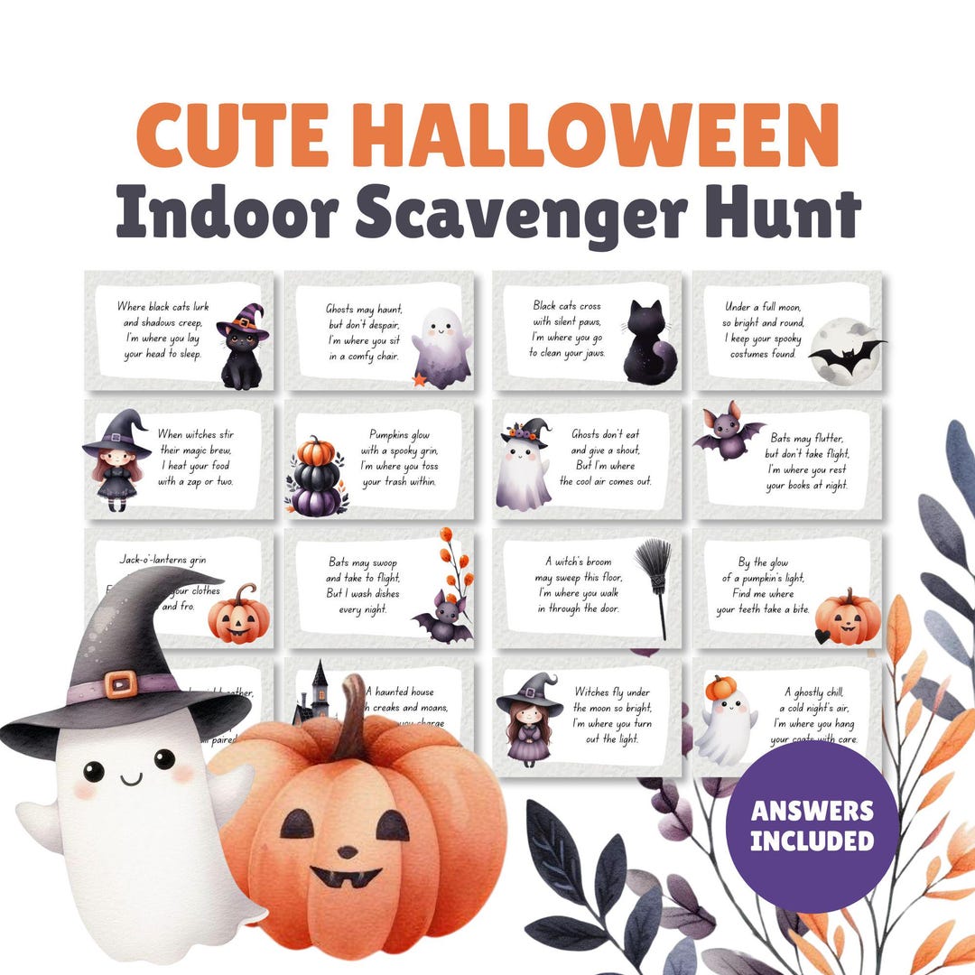 Cute Halloween Scavenger Hunt - Indoor Treasure Game 16 Clues - Family ...