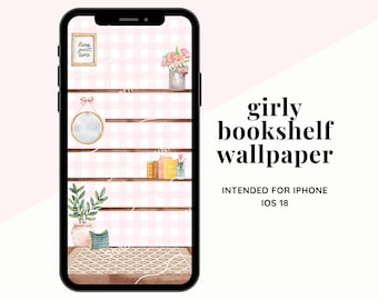 Girly Bookshelves Phone Wallpaper for iPhone iOS 18 - Empty Shelves Homescreen - Girly Aethestic Background - Digital Download