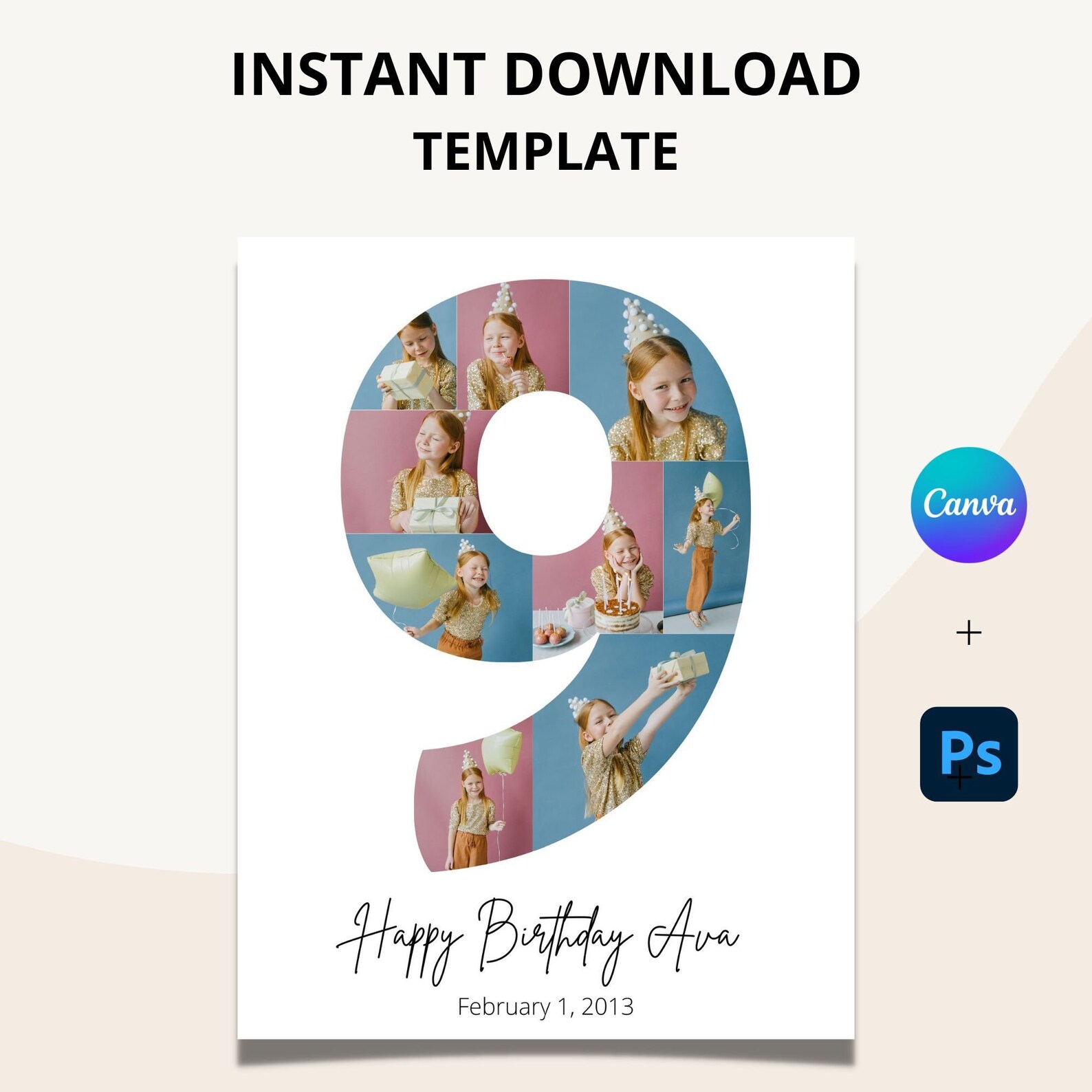 Ninth Birthday Photo Collage Template, 9th Birthday Printable for Kids ...