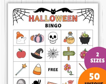 Halloween Bingo - 50 Cards, 2 Party Game Sizes - Office Party Bingo, Cute Not Creepy, Instant Digital Download Party Game Printable