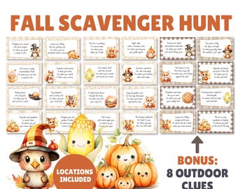Fall Scavenger Hunt - 16 Indoor Clues & Bonus Outdoor Clues - Family-Friendly Treasure Hunt Game - Instant Digital Download Party Printable