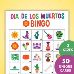 Dia De Los Muertos Bingo - Atividade para imprimir do Dia dos Mortos - 50 cartões, 2 tamanhos - Jogo de festa da herança hispânica para download