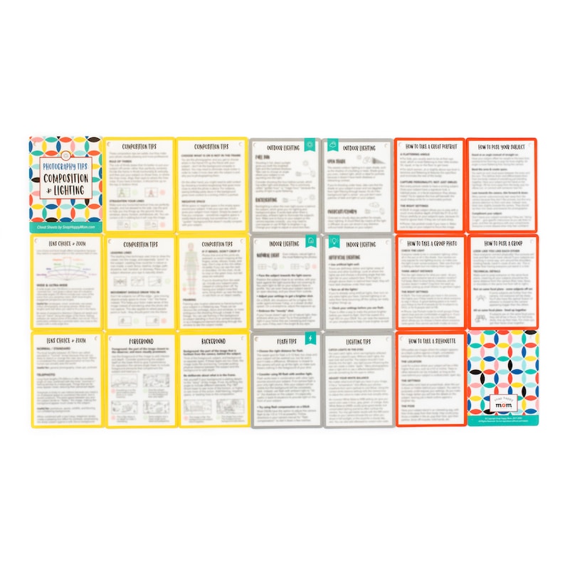 Op de afbeelding: Een set van 16 gele, oranje en grijze kaarten met fotografietips over compositie en belichting. De kaarten bevatten illustraties en tekst. De kaarten zijn gerangschikt in een rasterpatroon. De tekst op de kaarten omvat "Fotografietips: Compositie + Belichting".