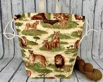 Lions, Bucket bag, Knitting project bag, Crochet project bag,  Project Bag, Yarn bowl, Large Project bag
