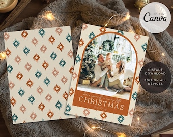 May include: A Christmas card with a geometric pattern in shades of orange, teal, and pink. The card features a photo of a family with a Christmas tree in the background. The text on the card reads "Have yourself a merry little Christmas".