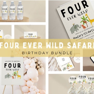 May include: A birthday party printable bundle with a safari theme. The bundle includes a welcome sign, invitations, water bottle labels, cupcake toppers, and thank you cards. The design features a jungle scene with an elephant, giraffe, monkey, and lion. The text on the sign reads "Welcome to Hunter's Four Ever Wild".