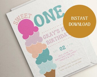 SWEET ONE Editable Birthday Invite, Canva Template, Instant Download, 1st Birthday, Ice Cream
