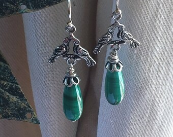 Malachite Peruvian Colonial style silverwork earrings