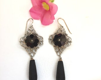 Vintage Glass and earrings in Sterling filigree setting with Antique Silk drop