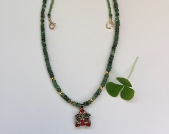 Exotic Indian Mine Cut Diamond and Enamel 18K pendant on Emerald, Chrysophrase and 18K beads Necklace