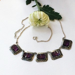 Vintage glass and Sterling Silver handmade necklace Decco style faceted vintage glass image 2