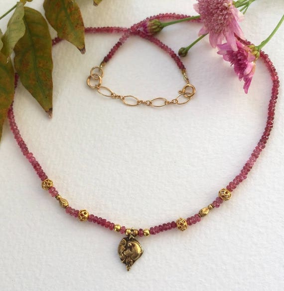 Necklace With Faceted Spinel, 18K Indian Handmade Beads and Antique Indian  Gold Amulet With Peacock Motif - Etsy