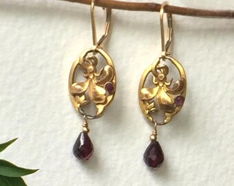 Earrings with Gold Fill Vintage Art Nouveau style metalwork, faceted set garnet and garnet drop