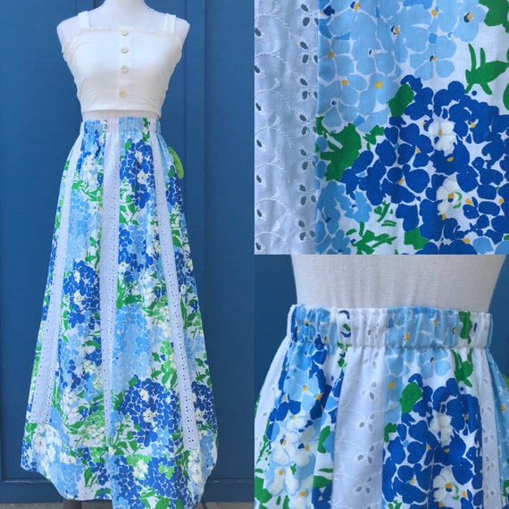1960s Blue & Green Floral Maxi Skirt - image 1