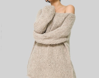 Chunky Tunika Alpaca Pullover Sweater | Slouchy handgestrickter brauner Pullover | große klobige Pullover | Von SONQO