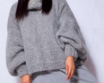 PUYU オーバーサイズニットアルパカセーター、ゆったりタートルネック、手編みウールプルオーバー、環境に優しい女性用冬物ニットウェア、サステナブルファッション