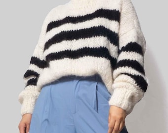 Hand Knitted Alpaca Cropped Sweater | Striped Chunky Knit