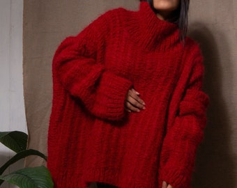 Turtleneck chunky knit alpaca Sweater| Oversized hand knit alpaca wool sweater women's| Plus Size Knit alpaca sweater| by SONQO