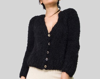 Hand knit alpaca cardi sweater women|  Black Crop knit cardigan sweater| wrap cardigan| Winter knit cardigan/ Merry Christmas gift/ by SONQO