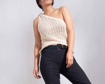 Asymmetrical Sleeveless Top/ Cocktail top/ One Shoulder Top/ elegant top/ fitted top/ tank top/ ECO COTTON crochet top/ by SONQO