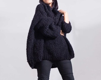 Chunky Knit Black Knitted Oversized Jumper Over Sized Knit Alpaca