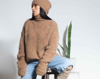 Set Alpaca Oversized knit sweater and knit hat| chunky alpaca wool sweater| Loose knit pullover| sustainable women's clothing| by SONQO