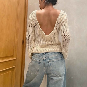 Gehäkeltes Oberteil mit V-Ausschnitt / Häkeltop aus Bio-Baumwolle / Häkeltop aus Bio-Baumwolle / Sommer-Öko-Baumwolle Damen-Pullover / Oberteil mit V-Ausschnitt / Von SONQO