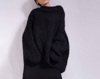 Hand knitted Black Oversized alpaca wool sweater| Chunky knit sweater| knit sweater| long sweater| Loose knit sweater| by SONQO