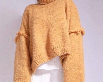 Hand Knit Alpaca Turtleneck Sweater | Oversized Chunky Wool Cable Knit Slouchy Winter Pullover for Women| Slouchy knit sweater for womens