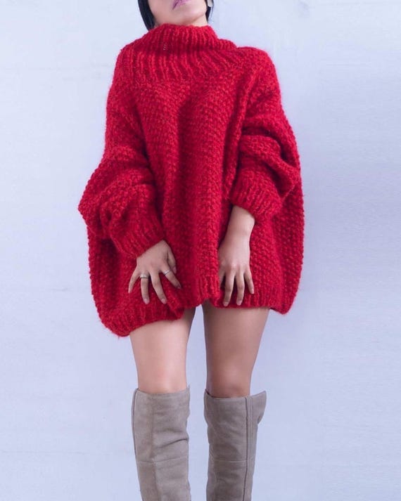Hand Knit Oversized Alpaca Sweater | Chunky Turtleneck Pullover for Women, Plus Size, Sustainable Red Knitwear, Ethically Made in Peru