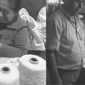 May include: Two people working with yarn. One person is crocheting a white doily and the other is inspecting spools of yarn.