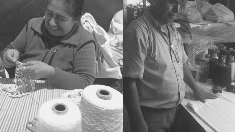 May include: Two people working with yarn. One person is crocheting a white doily and the other is inspecting spools of yarn.