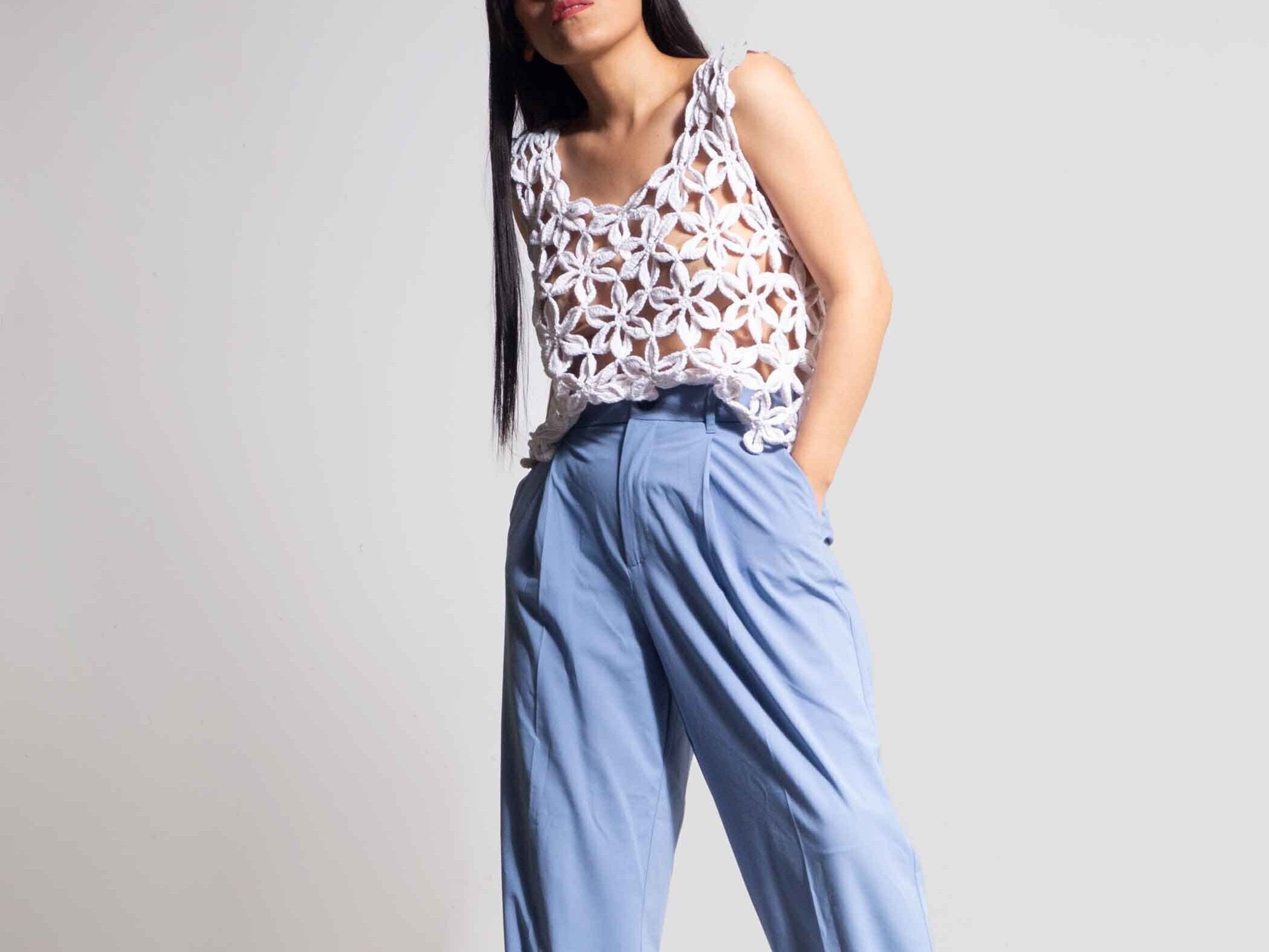 Crochet White flowers Crochet Tank top/ short sleeve top/ organic cotton top/ stylish top/ casual top/ designer shirt| SALE| by SONQO